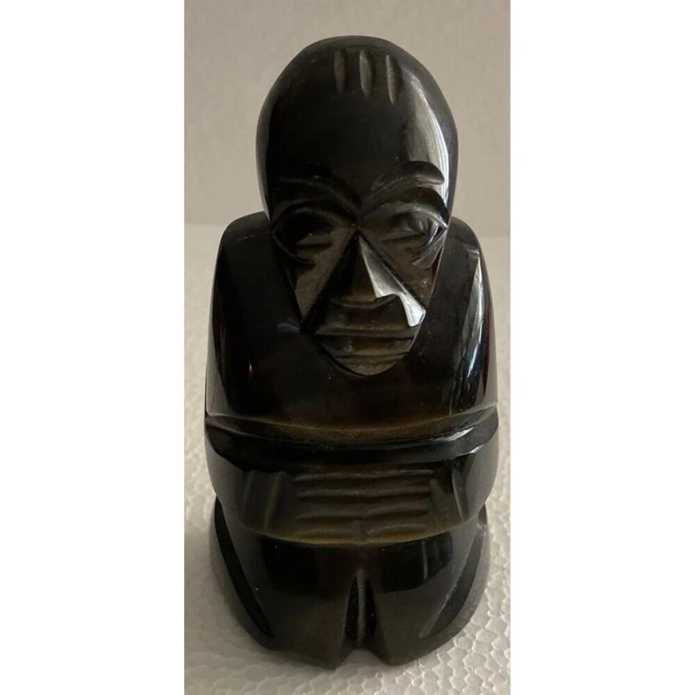Vintage Hand-Carved Black Obsidian/Horn African Idol Figurine - 3.5"